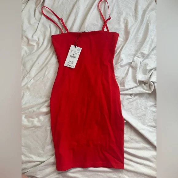 Zara Red Orange Bodycon Mini Dress Spaghetti Strap NWT Medium - Picture 3 of 3